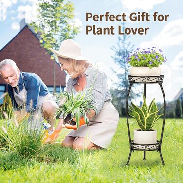 Дворівнева підставка для рослин чорного кольору для використання в приміщенні та на вулиці, для великих, високих квіткових горщиків на терасі, міцна вертикальна металева полиця для вузьких кутів підлоги, стабільний тримач-органайзер, чорний відтінок