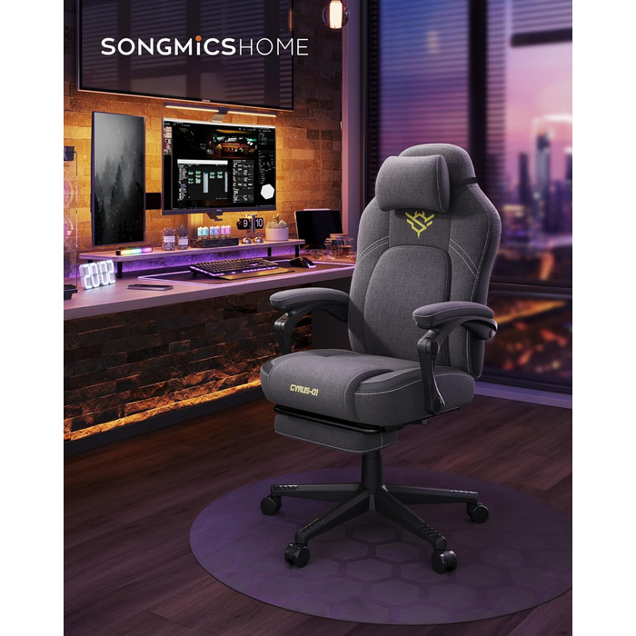 Ігрове крісло SONGMICS HOME, ергономічне комп&39ютерне крісло з підставкою для ніг, офісне крісло, обертове крісло з підголівником, суміш бавовни та льону, регульована висота, колір голубий сірий OBG072G01