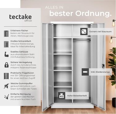 Картотечна шафа Tectake, шафка-купе, багатофункціональна шафа, гардеробна з вішалкою для одягу, побутова шафа з 6 відділеннями, картотечна шафа, що замикається, вкл. полиці, 180x80x40см сірий 180 x 80 x 40см Сірий