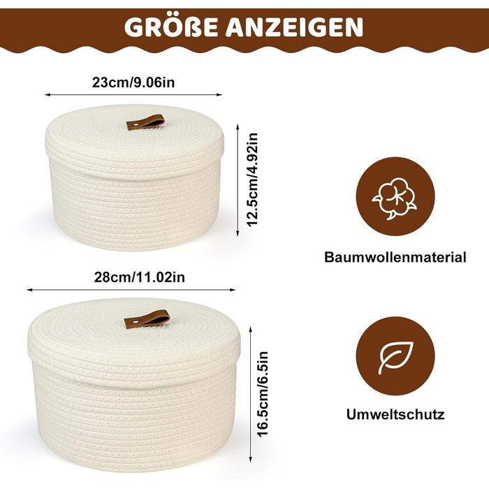 Набір із 2 круглих кошиків для зберігання з бавовняного шнура з кришками, маленьких плетених кошиків з кришками, декоративних полиць-кошиків для іграшок та косметики (28 x 16,5 см/23 x 12,5 см, білий)