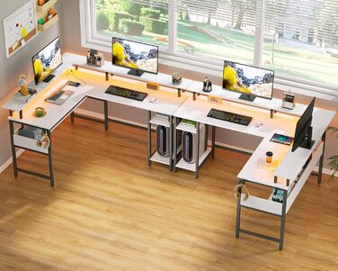 Г-подібний ігровий стіл Rolanstar зі світлодіодним освітленням та розетками, ігровий стіл з підставкою для монітора та місцем для зберігання, кутовий стіл з 2 гачками, великий двосторонній комп&39ютерний стіл для офісу (білий, 137 x 108 см) Білий 137 x 10