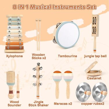 Музичні інструменти для дітей, нейтральні кольори, дерев'яні музичні інструменти Монтессорі для дітей від 1-3 років, дитячі інструменти іграшка, подарунок на Різдво та день народження для 1-3-5 років
