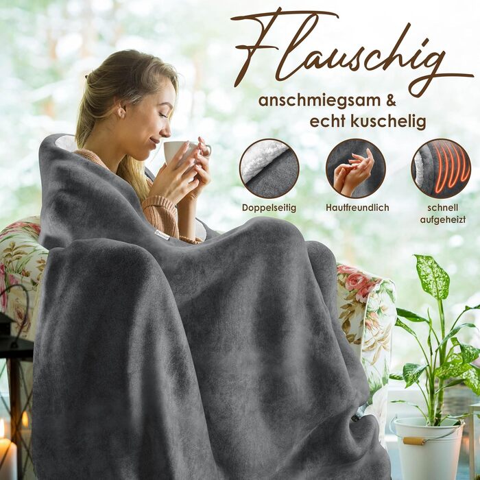 Електрична ковдра з підігрівом KESSER з автоматичним вимкненням 200x180 см, двостороння Затишна ковдра для ліжка, дивана 9 температурних режимів Можна прати до 40C з таймером та цифровим дисплеєм Антрацит
