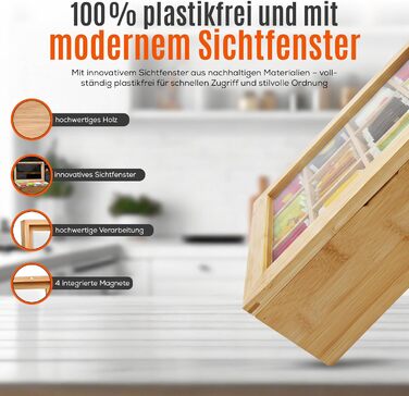 Бамбукова чайна коробка AH з 12 відділеннями коробка для зберігання чайних пакетиків з оглядовим віконцем та магнітною застібкою, ВШ 9 x 29 x 24 см, натуральний колір