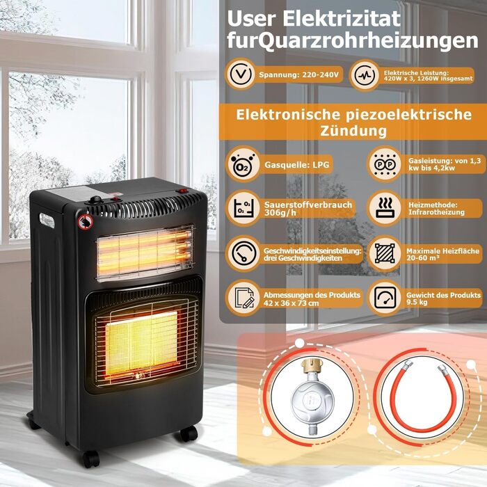 Гібридний газово-електричний обігрівач потужністю 4200 Вт, включаючи комплект регулятора тиску газу використання всередині та зовні приміщень (газовий обігрівач тільки на вулиці) променевий обігрівач для балонів з бутаном та пропаном до 11 кг електричне п