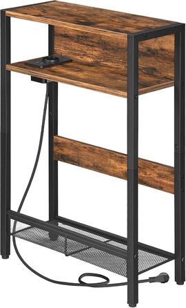 Вузький приставний столик, столик біля дивана із зарядною станцією, тумбочка з 2 дерев&39яними композитними панелями та 1 металевою полицею, для невеликих приміщень, вітальня, вінтажний коричневий та чорний DTBZ05CBF Вінтажний коричневий, чорний
