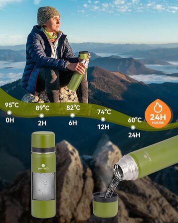 Термос SANTECO з нержавіючої сталі 1 л, 500 мл, герметична ізольована пляшка з чашкою для пиття в дорозі, термос для кави та чаю для дітей, спорт, без BPA, 24 години холодної та 12 годин гарячої води