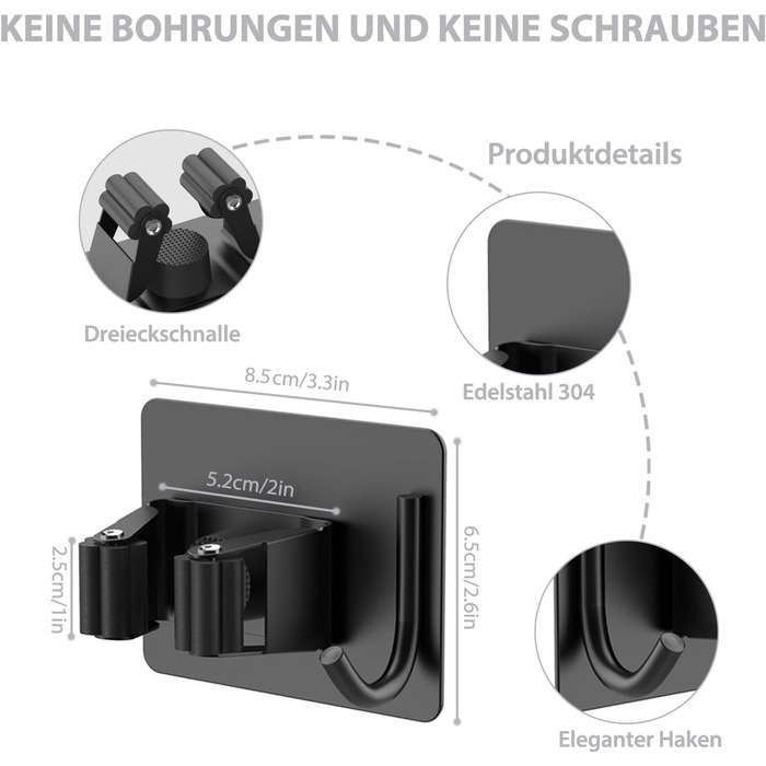 Тримач для мітли Настінний самоклеючий 4 шт. и Тримач для мітли Тримач для одного приладу з гачком без свердління Тримач швабри з нержавіючої сталі Кронштейн для склеювання мітли для кухні, ванної кімнати, саду, балкона (чорний)