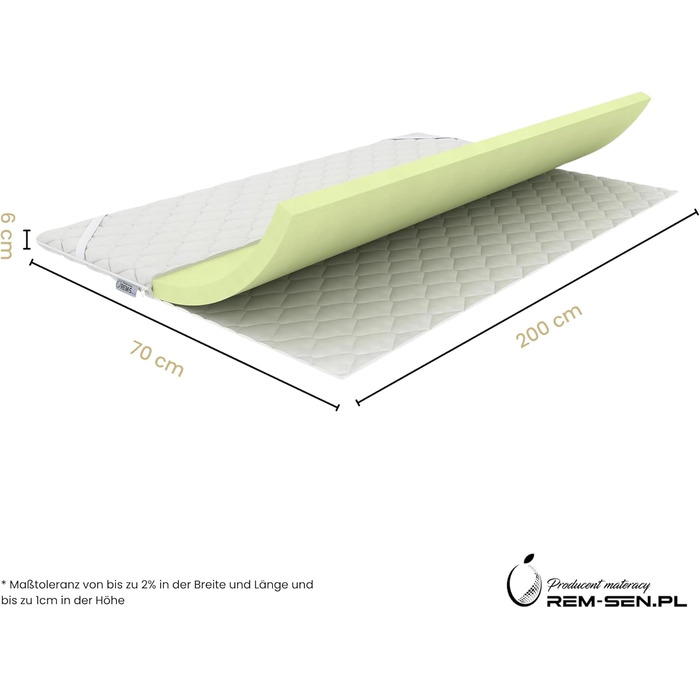 Наматрацник REM-Sen з піни з ефектом пам&39яті 70x200 см, висота 6 см, рівень жорсткості 2 (H2), розкішний матрац з дуже м&39якої піни з ефектом пам&39яті, тришаровий мембранний чохол для дивана, ліжка, сертифікований Oeko-Tex H2 70x200 см
