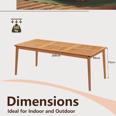 Обідній стіл GIANTEX на 8 осіб, садовий стіл з дерева акації з отвором для парасольки 5 см, садовий стіл для заднього двору, веранди та саду, всепогодний балконний стіл (200 x 90 см)