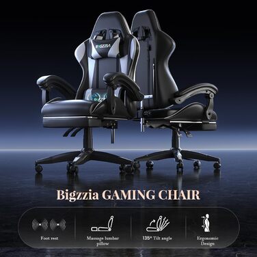 Ігрове крісло bigzzia з функцією масажу та висувною підставкою для ніг, ергономічне поворотне крісло, регульована спинка 90-135, м&39яке ігрове крісло з масажною поперековою подушкою та підголівником, біле