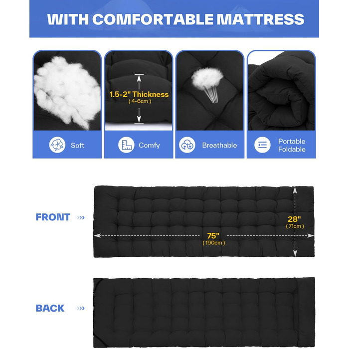 Розкладне ліжко Sportneer з матрацом, ширина 71 см, вантажопідйомність 204 кг, гостьове ліжко, туристичне ліжко, похідне ліжко з сумкою для зберігання для дорослих, для вулиці, в приміщенні, саду, кемпінгу, подорожей, 188 см 71 см 37 см, чорнийчорний