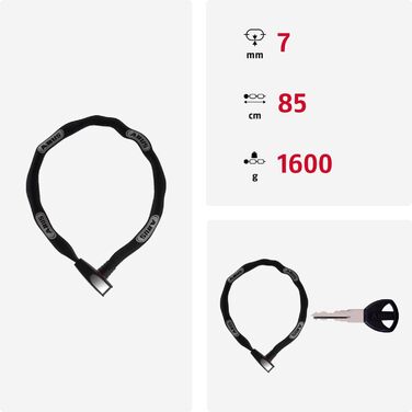 Ланцюговий замок ABUS Steel-O-Chain 8807K Гнучкий велосипедний замок із загартованої сталі Рівень безпеки ABUS 8 Чорний 85 см Одинарний