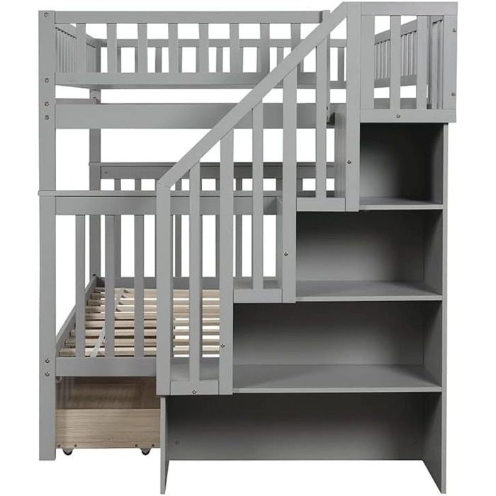 Двоярусне ліжко з двома шухлядами та місцем для зберігання, дитяче двоярусне ліжко з масиву дерева, сірого кольору, компактний диз