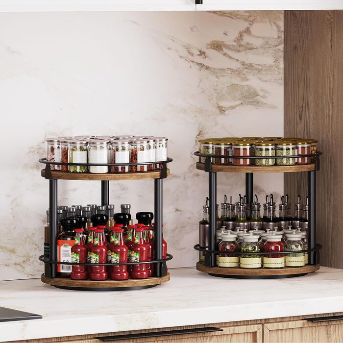 Підставка для спецій, 2-рівневий обертовий органайзер, комплект з 2 шт. , кругла обертова підставка для зберігання, компактний тримач для спецій з поворотним столом, для кухонної стільниці, обіднього столу, вінтажний коричневий та чорний XSR22L2BR 26 x 26