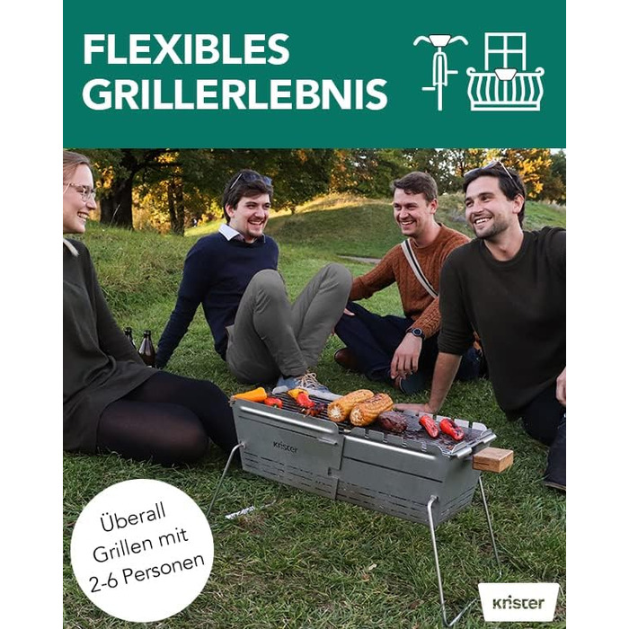 Портативний вугільний гриль Knister Ідеально підходить як кемпінговий гриль та вогнище Для 2-6 осіб З міцною решіткою з нержавіючої сталі та виготовлено в Німеччині Чорний