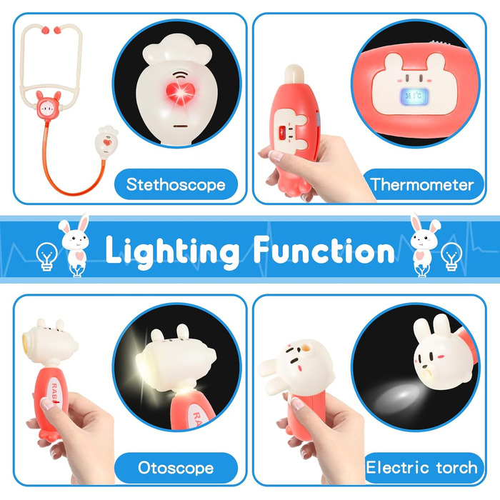 Дитяча іграшка для лікарів від 3 років, 25 шт. Дитяча іграшка для лікарів зі стетоскопом Отоскоп зі світлом Стоматолог Рольова гра для дітей Великодній кролик М'яка іграшка для подарунків Дівчаткам 3 4 5 6 років Модель кролика