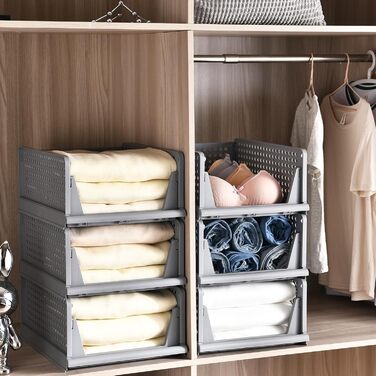 Набір ящиків із 4 предметів, гардеробний органайзер, штабелювана шафа, полиця для зберігання, пластиковий роздільник, штабелювані ящики для одягу, кухня, спальня, сірий