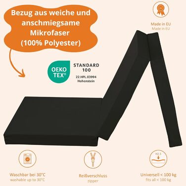 Розкладний матрац Гостьовий матрац Ліжко для екстреної допомоги Мікрофібра Зроблено в ЄС Стандарт Oeko-Tex 100 Універсальна жорсткість Чохол, який можна прати 65 x 196 x 8,5 см, Чорний, Односпальне ліжко, 192894