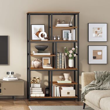 Книжкова полиця HOOBRO, окремостояча полиця з 4 регульованими ніжками, вертикальна полиця, офісна полиця, полиця для зберігання речей для вітальні та кабінету, 100 x 28 x 180 см, вінтажний коричневий та чорний EBF06SJ01