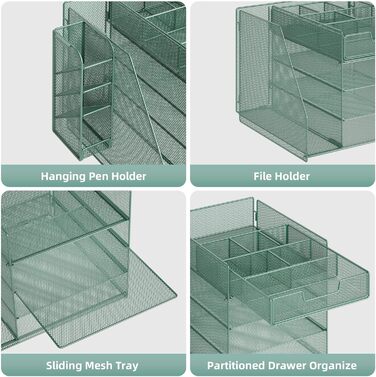 Настільний органайзер Marbrasse з тримачами для файлів, 4-рівневий лоток для листів, відділення, шухляди, підвісний тримач для ручок, сітчастий лоток для паперу для зберігання документів у домашньому офісі (зелений)