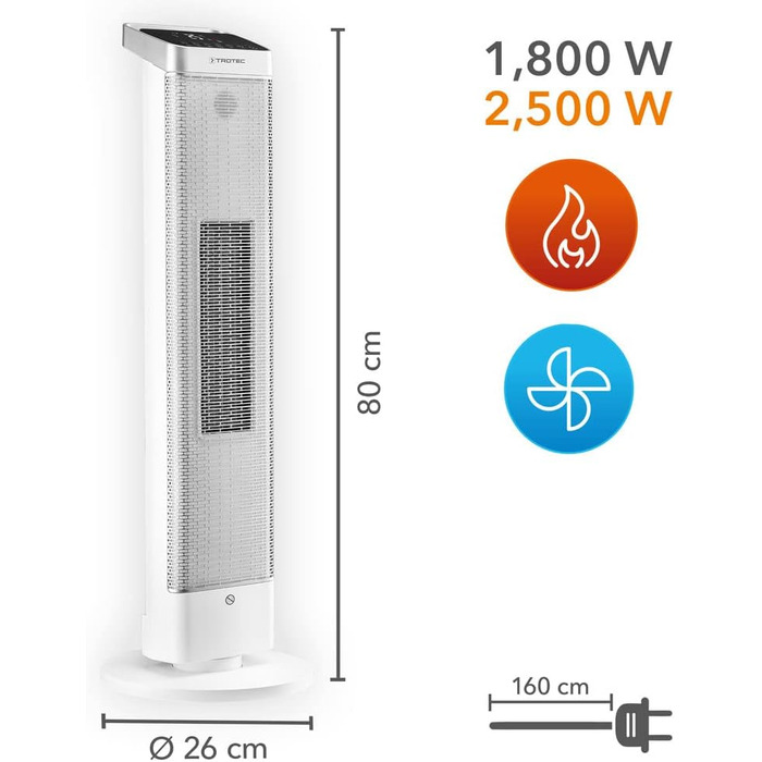 Керамічний тепловентилятор TROTEC TFC 25 E - Теплова потужність 1800 Вт / 2500 Вт - Обігрівач з термостатом, розмір приміщення від
