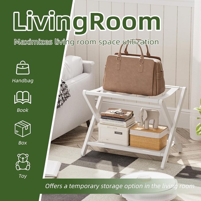 Багажник, складний бамбуковий багажник з полицею для гостьових кімнат, спалень, готелів, шаф (білий)