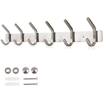 Гачок-рейка з нержавіючої сталі гачки для одягу матовий вигляд подвійні гачки до 30 кг вантажопідйомність гачки (срібло, 6 гачків)