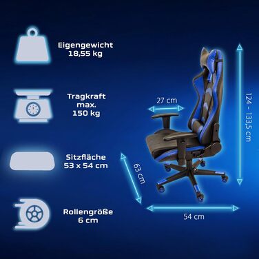 Ігрове крісло NATIV з механізмом гойдання Офісне крісло з регульованою висотою Обертове робоче крісло Підлокітники з регульованою висотою Чорний/Синій До 150 кг Штучна шкіра Захист від гніву 16 кг, чорний/синій