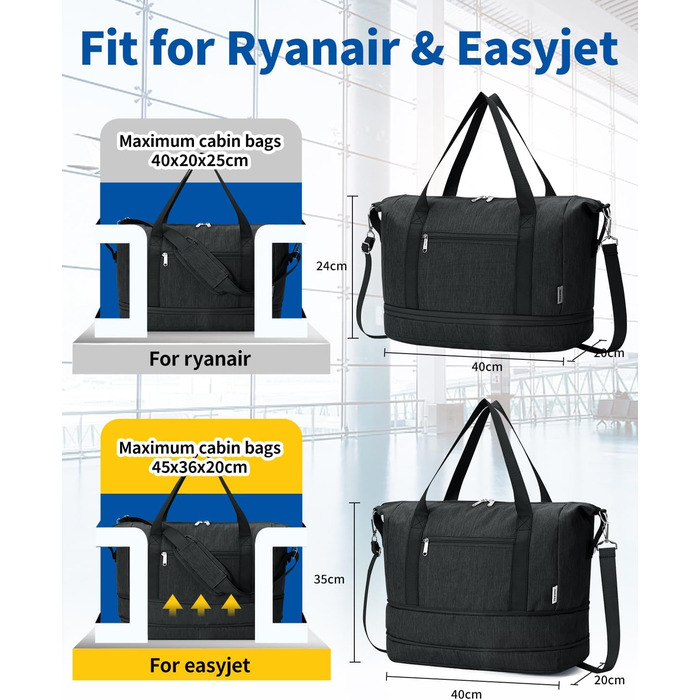 Ручна поклажа Narwey Ryanair 40x30x20, Маленька спортивна сумка на вихідні для жінок, Дорожня сумка-ручна поклажа для літаків, Ручна поклажа Easyjet 45x36x20, Лікарняна сумка для пологів для чоловіків (чорна)