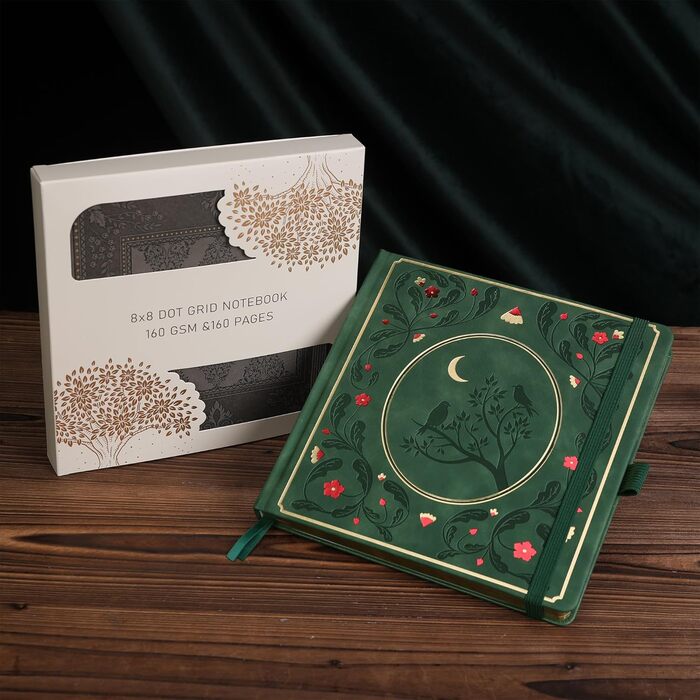 Блокнот TIEFOSSI Bullet Dotted, блокнот із точковою сіткою для жінок та чоловіків, тверда обкладинка зі штучної шкіри, щільний папір 160 г/м, 160 пронумерованих сторінок із золотими краями, 20,4 x 20,4 см, середньо-зелений