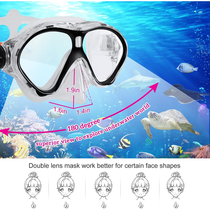 Дитячий набір для сноркелінгу Gintenco, дитяча маска для дайвінгу з трубкою, панорамний широкий огляд із захистом від запотівання, маска для сноркелінгу із захистом від протікання, маска для дайвінгу для плавання та сноркелінгу, вік 4-16 років, чорний та 