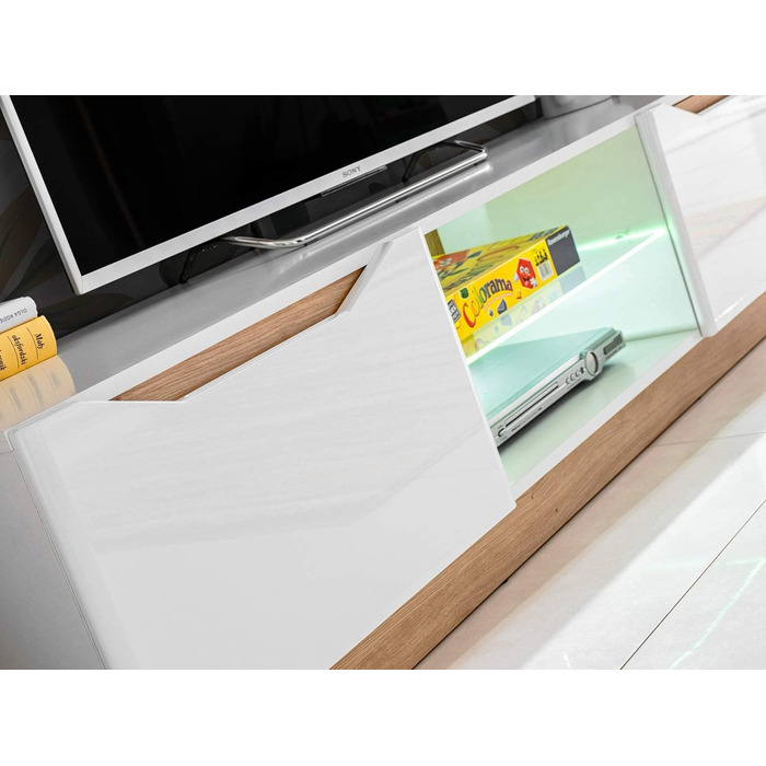 Настінна шафа для вітальні Generic Fame, настінна полиця для вітальні, стіна для телевізора, матова глянцева вітрина, низька тумба, настінна полиця зі світлодіодним підсвічуванням (білий/дуб Artisan) Білий / дуб Artisan