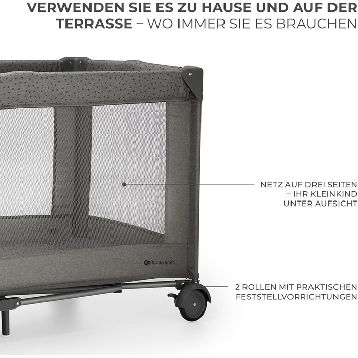 Дитяче ліжко Kinderkraft Joy 2, дорожнє ліжечко 2-в-1, дитячі ліжка, дитяче ліжко, дорожнє ліжечко, сучасний дизайн, малі розміри у складеному вигляді, колеса, темно-сірий колір Joy 2 Dark Grey