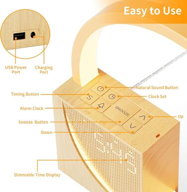 Світлодіодна приліжкова лампа з будильником, USB-порти для заряджання з сенсорним затемненням, світло для пробудження з двома будильниками, 10 природних звуків для дорослих і дітей, 3 рівні яскравості для спальні, вітальні, офісу