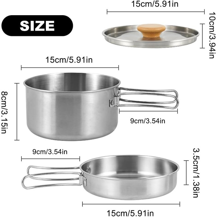Набір посуду для кемпінгу з нержавіючої сталі каструля з кришкою та складаною ручкою, портативний посуд для туризму, походів, риболовлі та пікніків