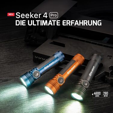 Світлодіодний ліхтарик OLIGHT Seeker 4 Pro з кобурою, 4600 люменів, 260 метрів, акумуляторна лампа USB-C, 15 днів роботи від батареї, портативний ручний ліхтарик для щоденного використання, для використання на вулиці (чорний, холодно-білий)