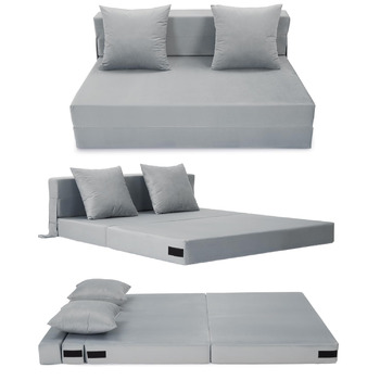 Диван-ліжко HAUSPROFI з оксамитовою оббивкою та 2 подушками, знімний чохол, який можна прати, розкладний матрац з високоеластичною PU губкою, спальна зона 140 см x 200 см (сірий)
