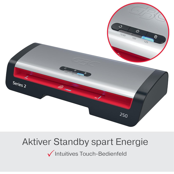 Ламінатор GBC 250 Office A4 - Швидкий прогрів за 1 хвилину, 75-125 мікрон, світлодіодний індикатор, захист від застрягання, автоматичне вимкнення, вкл. 5 пакетів для ламінування A4, чорний/червоний, 4410070EU