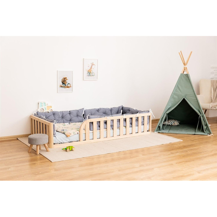 Ліжко Монтессорі, підлогове ліжко з рейковою основою, ліжко з захисними поручнями, дитяче ліжко, дерев&39яне ліжко з каркасом для хлопчиків та дівчаток, 200x120 см, натуральне дерево 200x120 см натуральне дерево - отвір для ліжка ліворуч