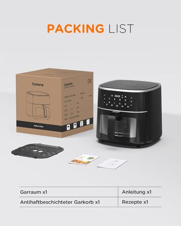 Аерофритюрниця Tomons 6 л, фритюрниця Фритюрниця з гарячим повітрям Фритюрниця з оглядовим вікном Цифровий світлодіодний сенсорний екран, програми 8 в 1 фритюрниця, регульований контроль температури