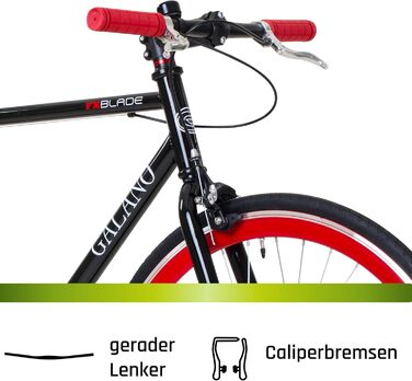 Велосипед Galano Blade Fixie для чоловіків та жінок, зріст 165-195 см, ретро-велосипед з однією швидкістю, 28-дюймові колеса, різні розміри, міські велосипеди з фліп-флоп втулкою, шосейний велосипед, міський велосипед, чорний/червоний, 53 см