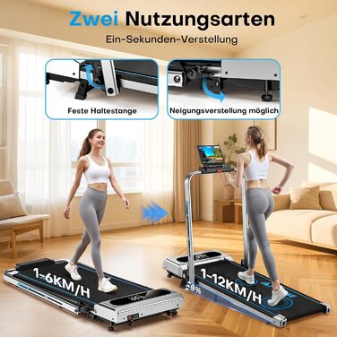 Домашня бігова доріжка, біговий килимок 5-в-1, складна бігова доріжка 12 км/год з нахилом 9, безщітковий двигун 2,75 к.с., ходун зі світлодіодним дисплеєм, сумісність із додатками, 12 програм, подвійний режим роботи, сріблясто-синій