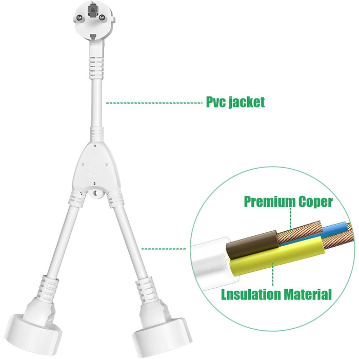 Подовжувач з 2 розетками Schuko, адаптер 2 в 1 з гнучким кабелем, 16А/250В/макс. 3680 Вт, німецька перетворювальна розетка, багаторозеткові подовжувачі для кухні, офісу, дому білий 2 відділення білий