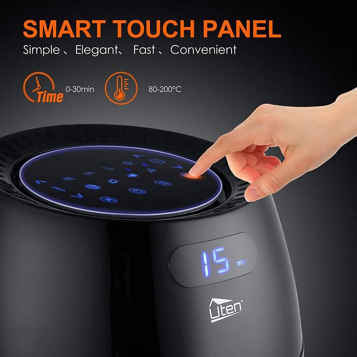 Фритюрниця з гарячим повітрям, фритюрниця Uten 6.5 л XXL з цифровим світлодіодним сенсорним екраном, 8 програм, попередній нагрів і підтримання тепла, кошик для смаження з антипригарним покриттям, без жиру, 1800 Вт 6.5 л із сенсорним екраном Чорний-1