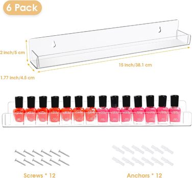 Настінна полиця для акрилового лаку для нігтів з 6 предметів, стійка для фарб, настінна косметична вітрина з протиковзкими вставками, на 90 флаконів (15 дюймів)