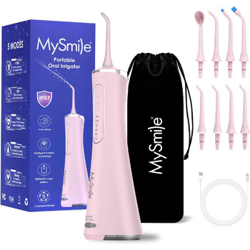 Бездротовий іригатор для порожнини рота MySmile Water Floss для зубів 5 режимів чищення 8 змінних насадок Jet Tips IPX 7 Водонепроникні USB-акумуляторні водяні зубочистки для чищення зубів з PU мішком Pink Pink-a