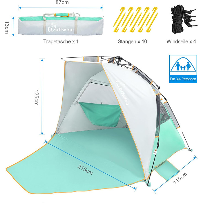 Пляжний намет WolfWise з функцією швидкого встановлення для 3-4 осіб захист від ультрафіолету 50, водовідштовхувальний, приватний простір із дверима на блискавці та сітчастими вікнами, портативний пляжний намет для сім&39ї та кемпінгу, м&39ятно-зелений, 3