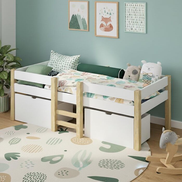 Дитяче ліжко Bellabino Aspy 90x200 см Ліжко-горище з 2 шухлядами, поручнями та рейковою основою Ліжко середнього класу з драбиною з масиву сосни білого/натурального кольору Дитяче ліжко з місцем для зберігання (матрац не входить до комплекту) Біле - з шух