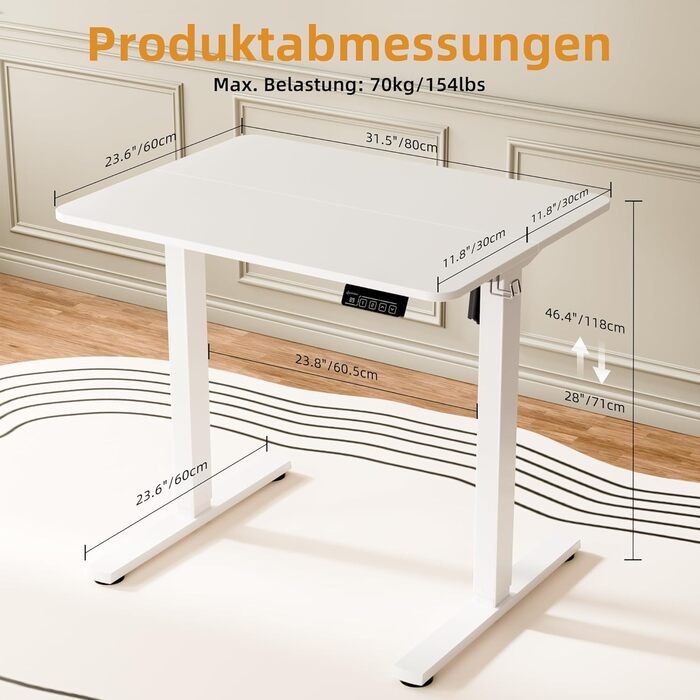 Електричний стіл з регульованою висотою 80x60 см (31,5&39x23,6&39), Стіл з регульованою висотою зі зрощеною стільницею (білий каркас біла стільниця) 80 x 60 см, білий
